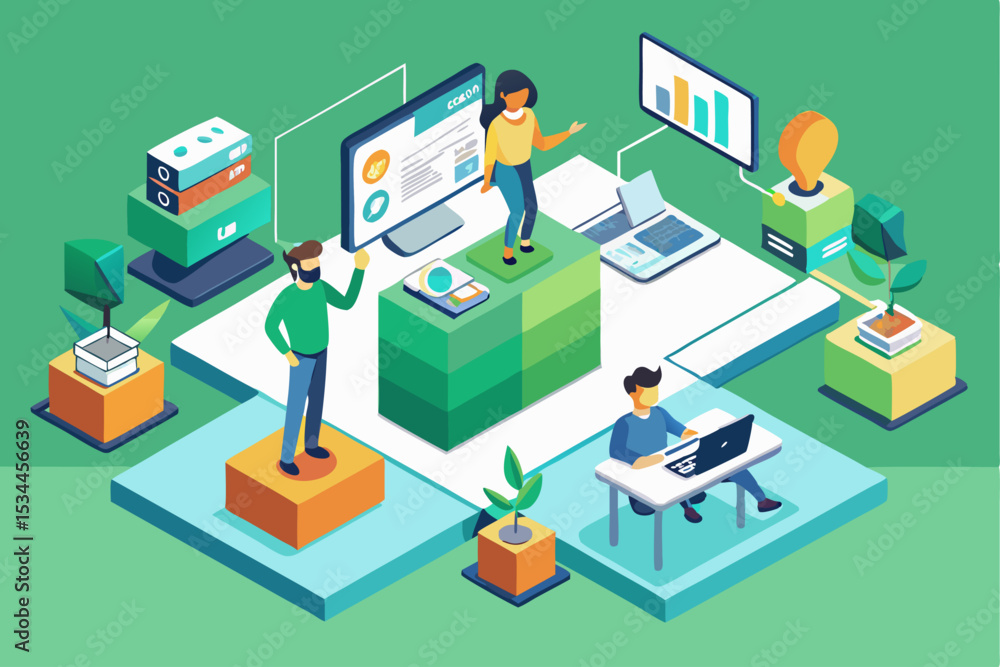 Creative office collaboration concept, people working on cubes with charts, plants, and innovative elements, vector illustration of workplace teamwork. Creative office collaboration concept, people working on cubes with charts, plants, and innovative elements, vector illustration of workplace teamwork.