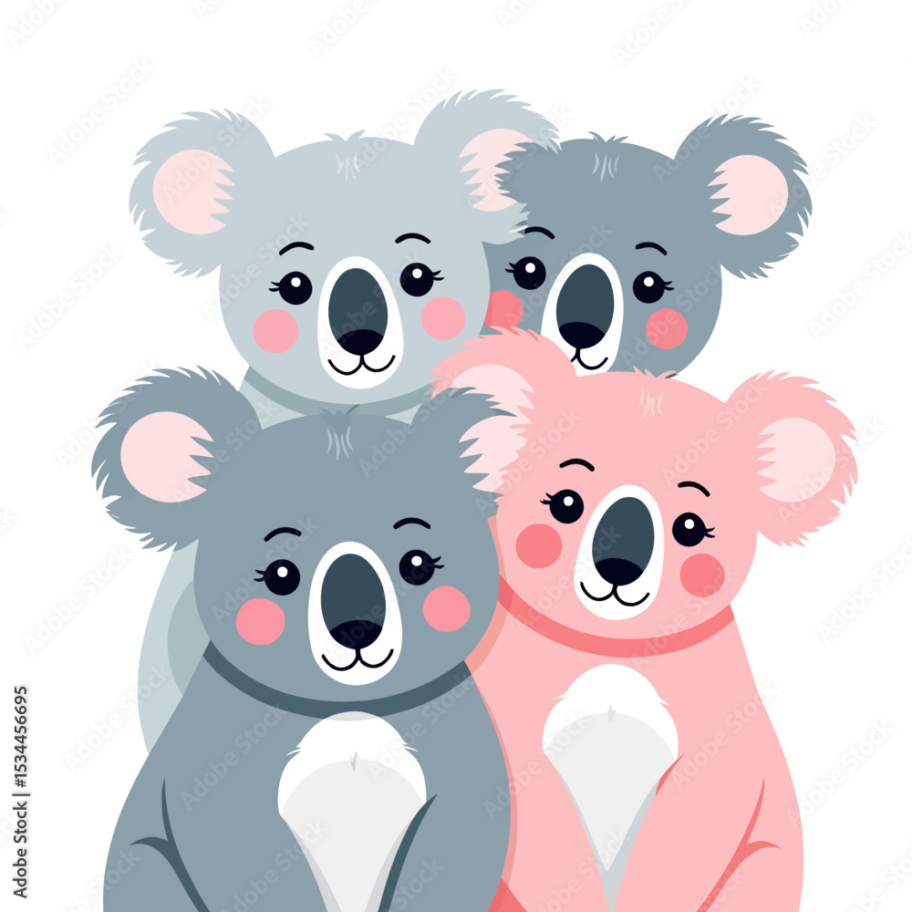 Fototapeta premium Cute Cartoon Koalas Illustration-Adorable Koala Bears with Pink Cheeks-Perfect for Kids Room Decor-Sweet Animal Art for Nursery-Lovely Koala Family Image