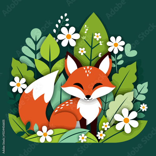 Cute Cartoon Fox Illustration-Whimsical Forest Animal Art with Flowers and Leaves-Ideal for Childrens Decor and Nature Themed Projects