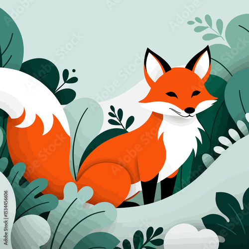 Cute Cartoon Fox Illustration-Whimsical Animal Art in Nature-Orange Fox with White Tail and Green Leaves-Digital Artwork for Kids and Adults-Fox Design