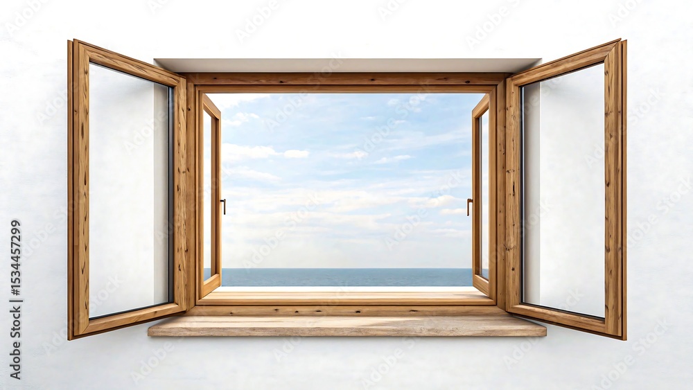 Fototapeta premium Open wooden window with sea view and blue sky, summer breeze and coastal horizon from inside minimalist white room 