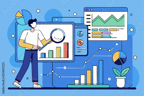 Digital data analysis, man working with magnifier on multi device charts, online research or tech report concept, vector illustration of modern analytics.