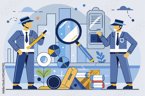 City project analysis, workers with magnifiers and tools, urban development or data research concept, vector illustration of municipal investigation.