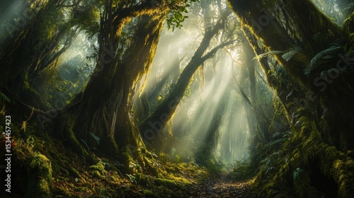 Misty Forest With Sunlight Filtering Through Tall Trees and Lush Greenery During Early Morning Hours