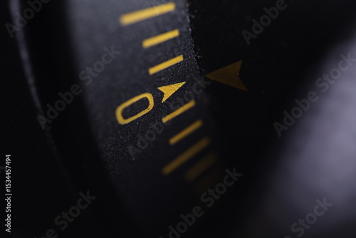 Measurement scale, yellow marks, number zero, macro photography 