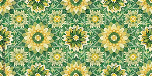 Vibrant floral pattern in shades of green and yellow featuring intricate designs.
