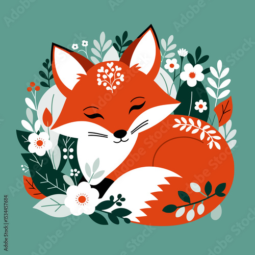 Cute Sleeping Fox Illustration - Whimsical Forest Animal Art with Floral Accents - Cozy and Serene Nature Inspired Design- Perfect for Prints and Decor