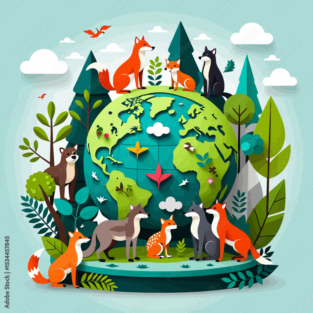 Fototapeta premium Earth Day Foxes Illustration-Cartoon foxes around a paper earth globe-Promoting environmental awareness with cute animal art-Nature conservation for kids