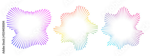 A set of burst ray equalizers . Radial sound, frequency sound waves . Pulsing music symbol, voice graph signal, circular sound waves . Vector radial spectrum.