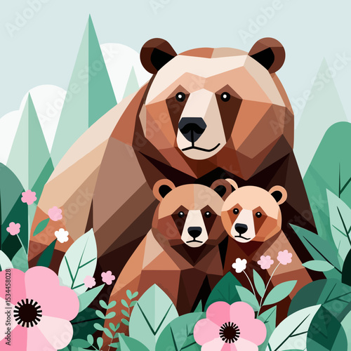 Geometric Bear Family Art-Stylized Mother Bear with Cubs Illustration-Modern Polygon Design with Floral Accents-Cute Wildlife Art for Home Decor and Nature Lovers