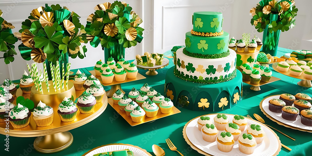 Festive St. Patrick’s Day Dessert Table with Green Cake, Cupcakes, and Shamrock Decor
Festive St. Patrick’s Day Dessert Table with Green Cake, Cupcakes, and Shamrock Decor