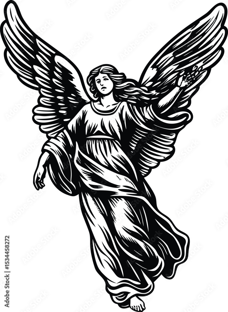 Fototapeta premium Elegant Angel with Wings in Black and White Vector Illustration