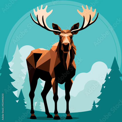 Geometric Moose Illustration in Nature Scene-Stylish Animal Art with Polygonal Design-Explore Wildlife Graphics with Modern Art Appeal-Nature Inspired Design