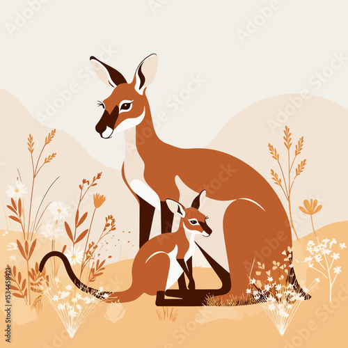Kangaroo Mother and Baby in Australian Outback Scene-Cute Joey Illustration in the Wild-Adorable Wildlife Art with Native Plants-Australia Animal Family Graphic Design