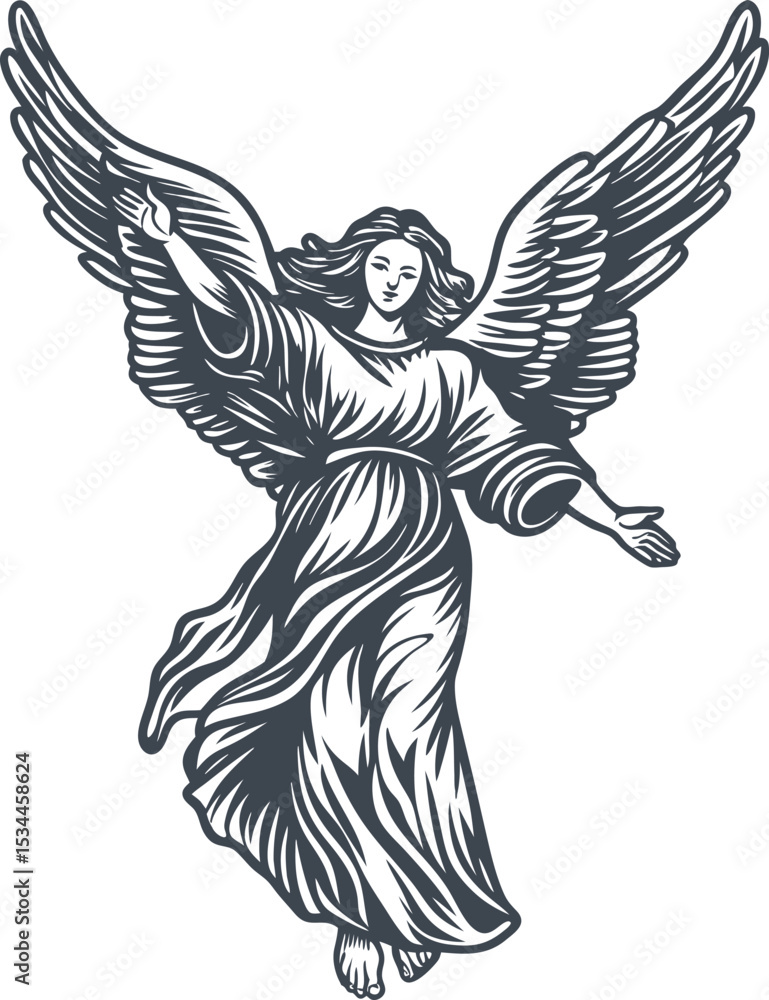 Fototapeta premium Elegant Angel with Wings in Flowing Robe Vintage Style Illustration