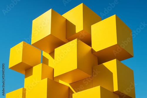 A dynamic composition of bright yellow cubes stacked and arranged against a clear blue sky, creating a vibrant, geometric, and minimalist abstract visual.