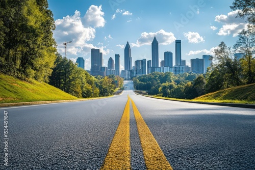 Fototapeta Naklejka Na Ścianę i Meble -  Empty asphalt road leading toward Atlanta city skyline with modern skyscrapers in the background, urban landscape on a clear day.