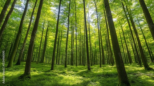 Lush Green Forest Landscape Showcasing Tall Trees and Vibrant Foliage Under Bright Sunlight During a Clear Day in Spring