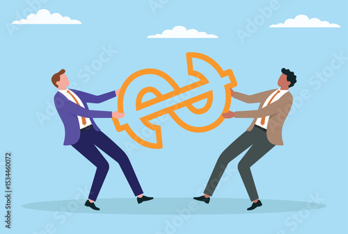 Vector illustration of two businessmen fighting over a dollar sign, symbolizing intense financial competition, rivalry for wealth, and the battle for economic power in business
