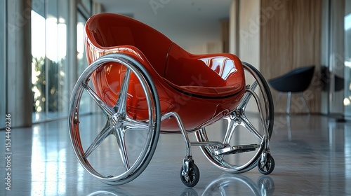 Modern, red, futuristic wheelchair in a spacious interior