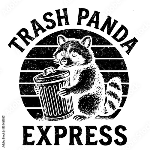 retro vintage sunset trash panda raccoon design with a funny quote "Trash Panda Express" vector illustration