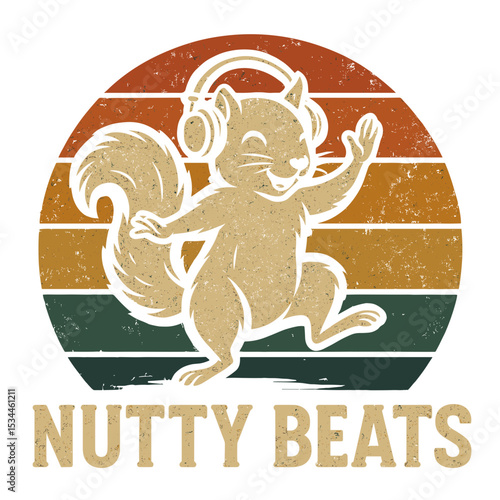 A groovy squirrel dances joyfully while wearing headphones, set against a retro sunset backdrop.  The phrase "Nutty Beats" is displayed below. vector illustration