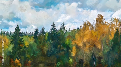 Vibrant Autumn Forest Landscape Reflecting a Mixture of Colorful Foliage Under a Clear Blue Sky With Fluffy Clouds at Midday in a Serene Natural Setting