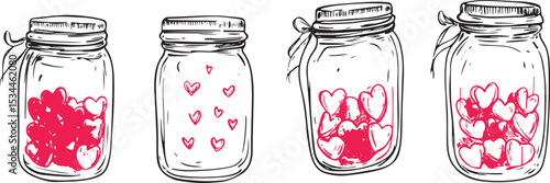 Hand drawn sketch jars of hearts, vector design