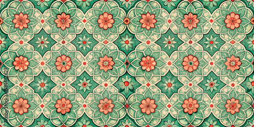 Intricate floral pattern in green and peach tones with symmetrical designs.