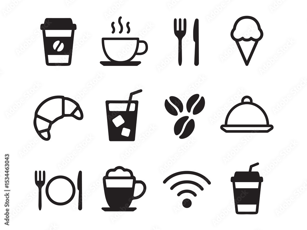 Cafe and coffee shop icon vector pack. Includes mugs, cups, beans, croissants, espresso machines, and cozy cafe-themed line illustrations. Cafe and coffee shop icon vector pack. Includes mugs, cups, beans, croissants, espresso machines, and cozy cafe-themed line illustrations.
