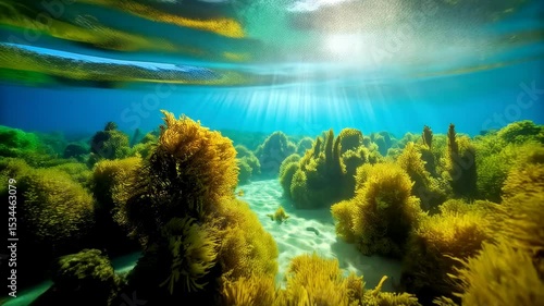 Underwater view of a kelp forest with sunlight streaming through clear blue water, sand visible below the plants