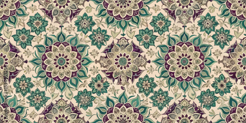 Intricate floral pattern in rich teal and purple tones.
