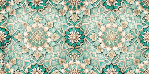 Intricate floral pattern featuring turquoise and cream tones in a symmetrical design.