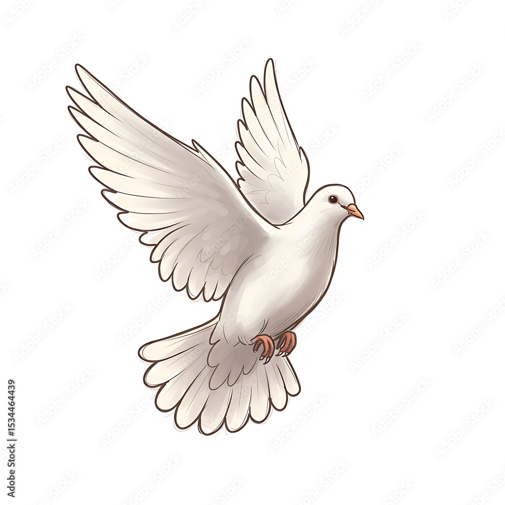 Fototapeta premium White dove flying with spread wings in a simple illustration 