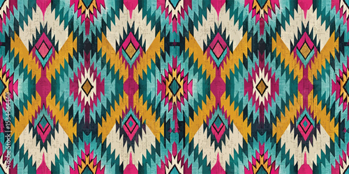 Vibrant geometric pattern featuring bold colors and intricate designs.