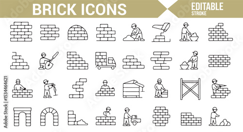 Construction site and masonry related icons with workers and equipment.