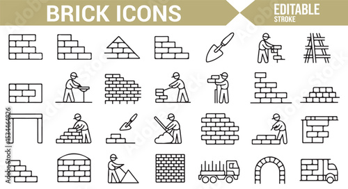 Set of masonry icons showing brick laying, construction workers, and tools.