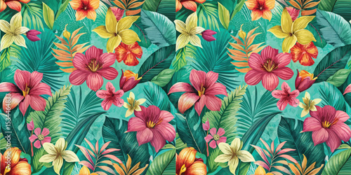 Vibrant tropical floral pattern with lush colors and diverse flower types.