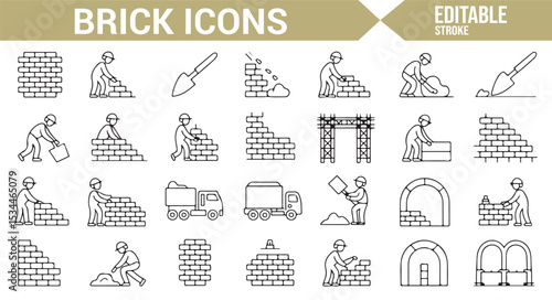 Brick laying, construction workers, and masonry tools set for building industry design.

