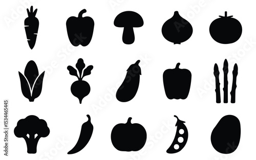 Assorted black vegetable silhouette icons on white background, ideal for food, nutrition, kitchen design, and healthy lifestyle visuals