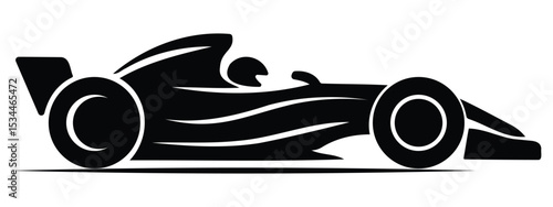 Minimal futuristic race car silhouette design in black on white background, perfect for automotive icons, logos, and motorsport graphics