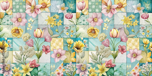 Colorful floral patchwork design featuring diverse blossoms on a vibrant background.