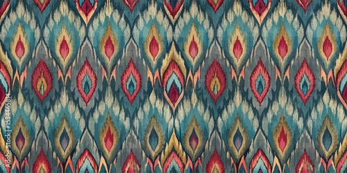 Vibrant ikat pattern in shades of teal, red, and gold, perfect for textile design.