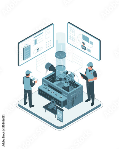 Isometric Illustration of Two Engineers Operating Advanced Machinery with Data Visualization