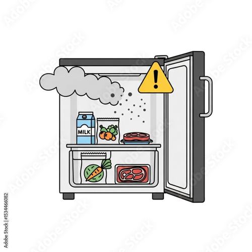 Broken fridge with alert – malfunctioning appliance.