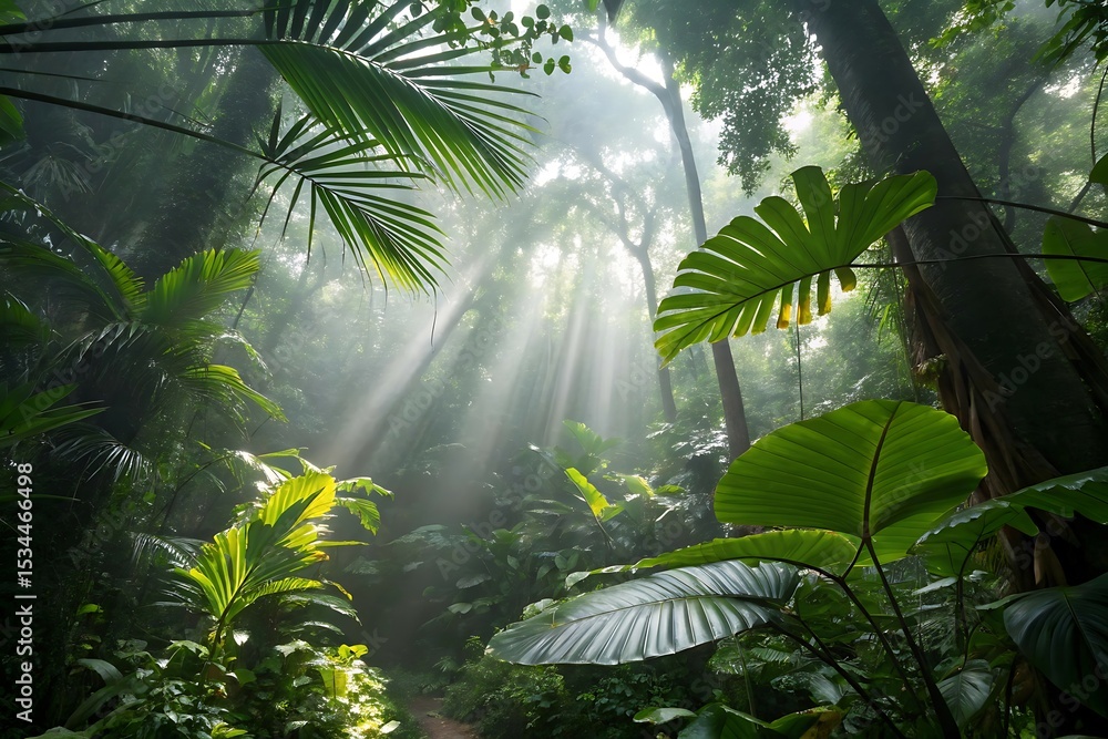 Naklejka premium Vibrant Amazonian or Southeast Asian Jungle with Misty Atmosphere