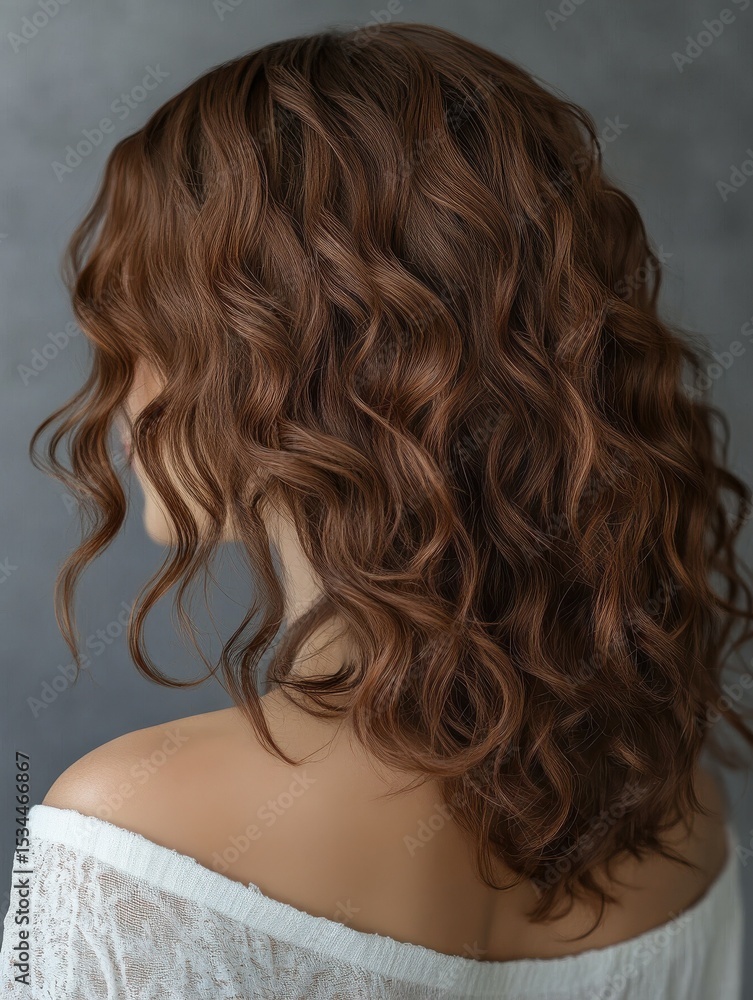 Naklejka premium Curly brown hair, voluminous and glossy, showcased against a muted grey backdrop. A glimpse of the shoulder adds a touch of warmth and human presence.