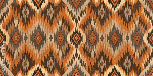 Vibrant geometric pattern in earthy tones with a tribal aesthetic.