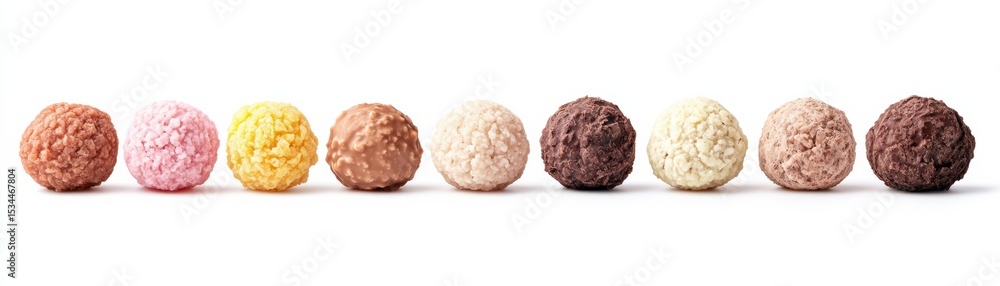 A row of nine colorful, round, textured confections lined up against a white background. A row of nine colorful, round, textured confections lined up against a white background.