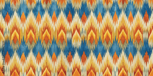 Vibrant textile pattern featuring blue, orange, and yellow hues.